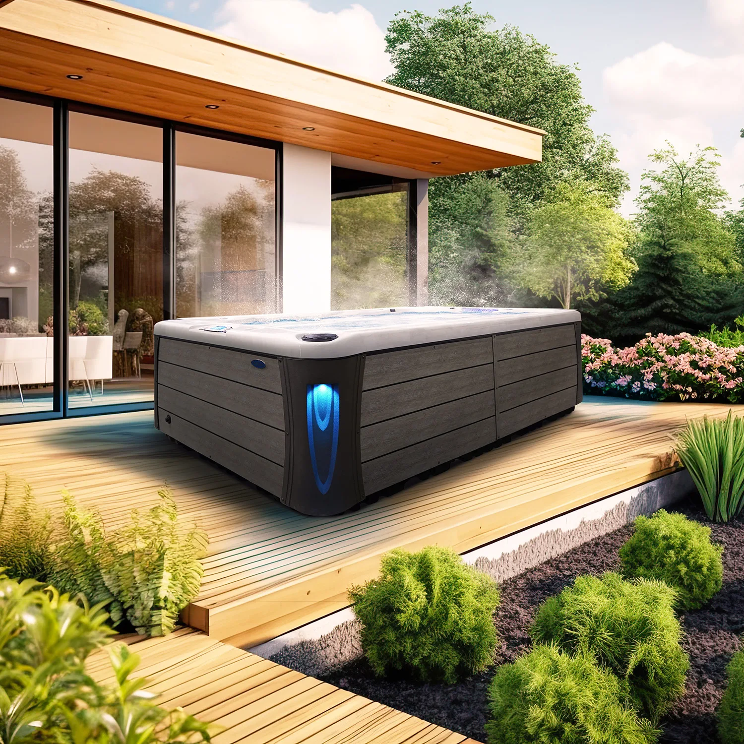 Luxury swim spa installed on a modern wooden deck beside a contemporary home, surrounded by lush landscaping and flowering bushes—ideal for outdoor wellness and hydrotherapy.